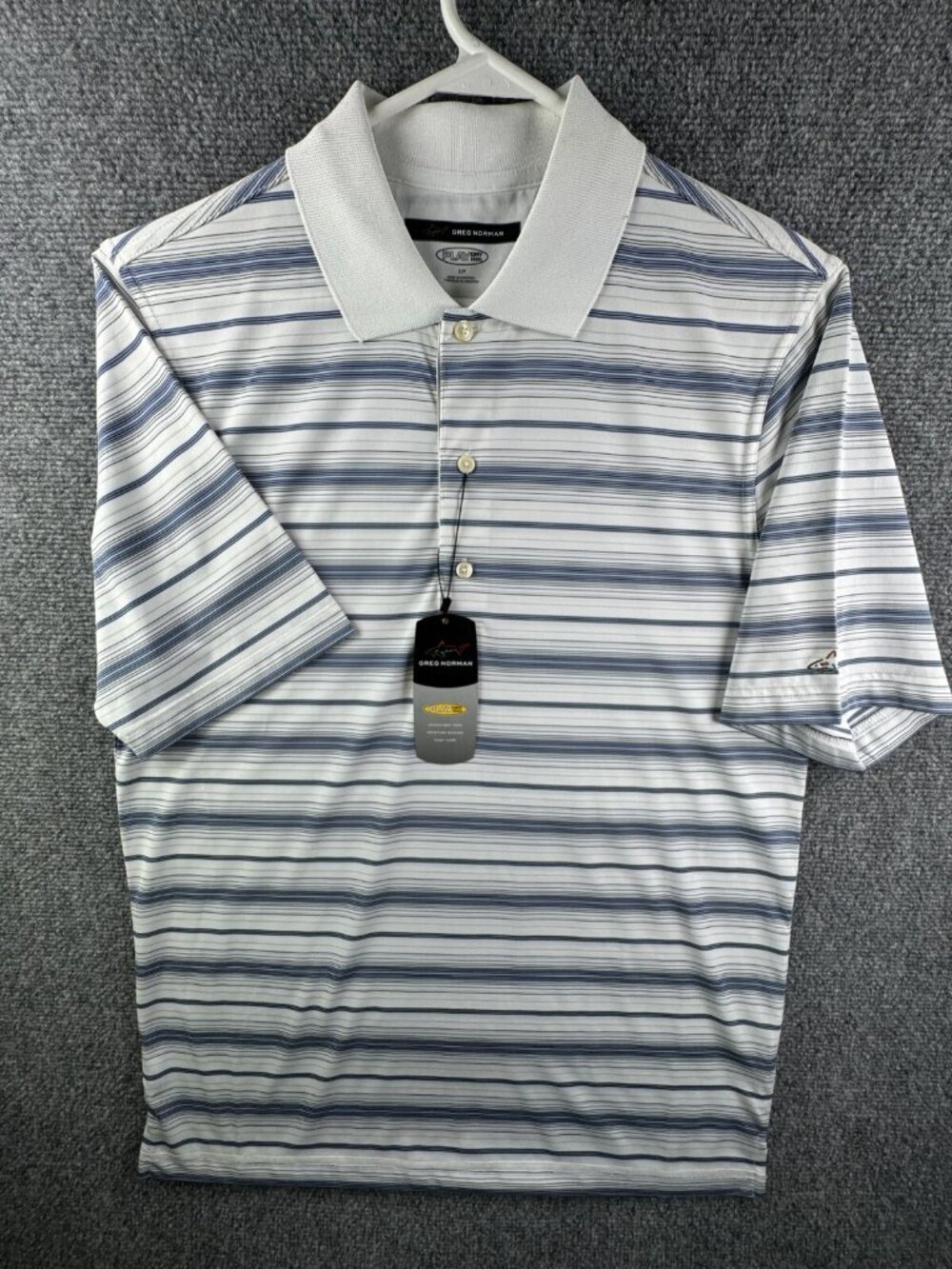 NWT Greg Norman Striped Blue White Polo Shirt Small Playdry Men Stretch Golfing